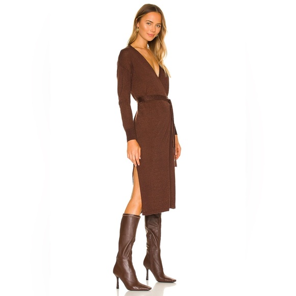 Lovers And Friends Azita Wrap Dress Women’s Size S Chocolate Brown Midi Shimmer - Picture 2 of 16